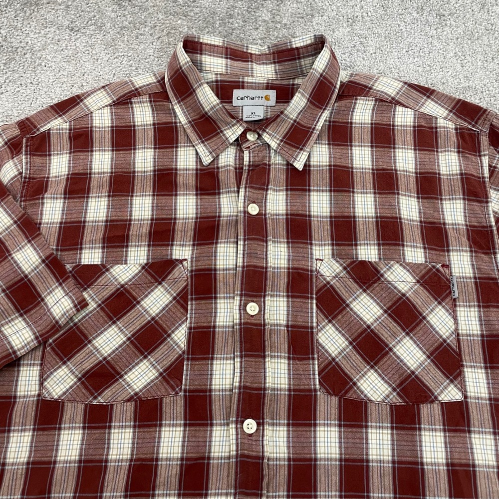 Carhartt Button Up Shirt Mens Extra Large Plaid Short Sleeve Burgundy